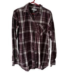 Old Navy Shirt Womens Medium Tall Purple Plaid Flannel Long Sleeve Boyfriend Fit
